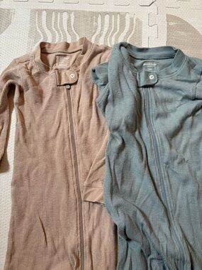 Burts Bees 2 Pack Ribbed Baby Zipper Sleepers - Taupe & Dusty Blue